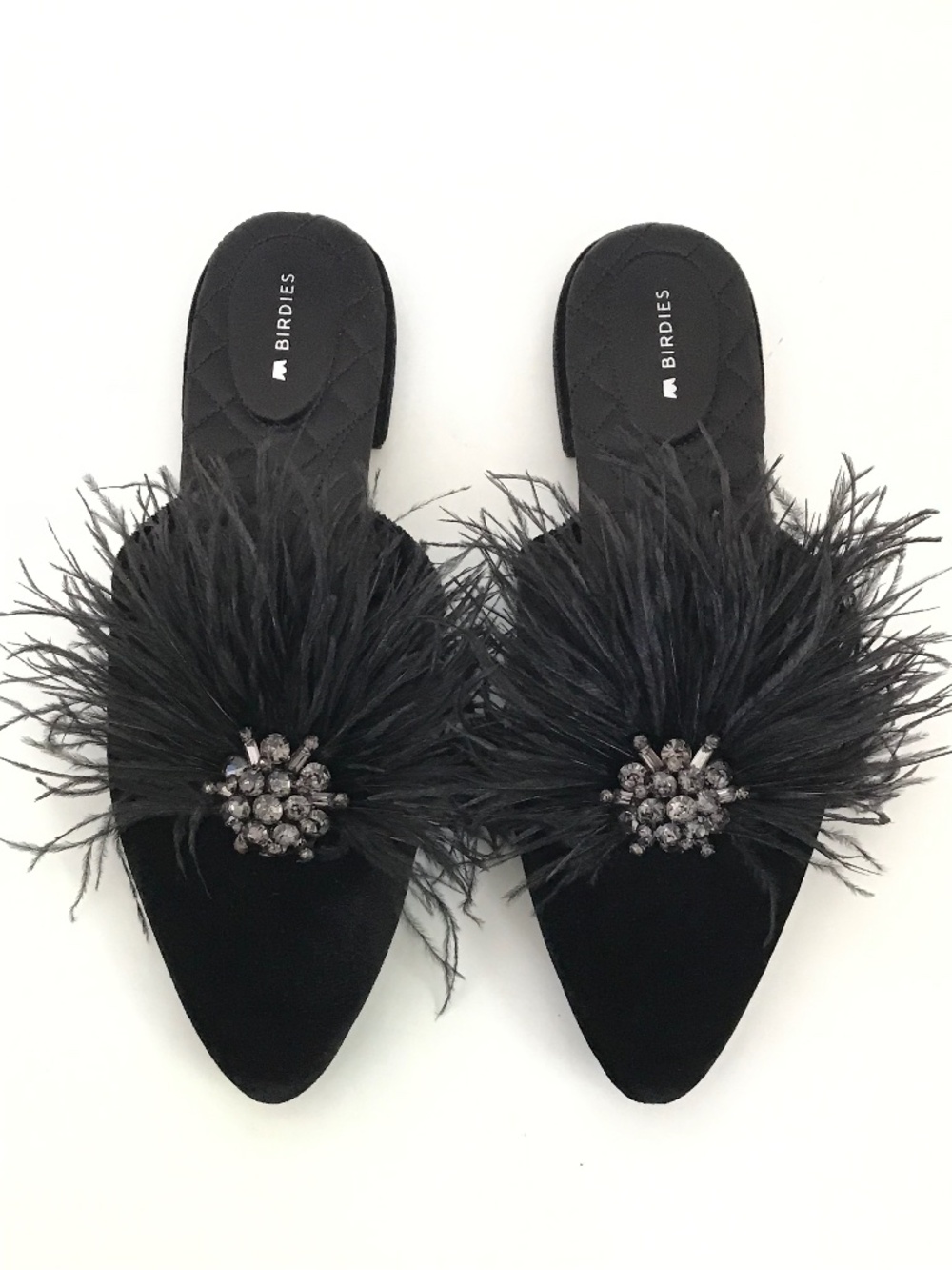 BIRDIES The Dove Feathered Brooch Mule Slippers Black Size 7.5